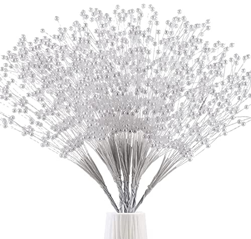 50pcs 4mm Pearls String Beaded Bouquet Spray Sticks for Bridal Beaded Wedding Party Table Decorations Mother's Day Decor (White)