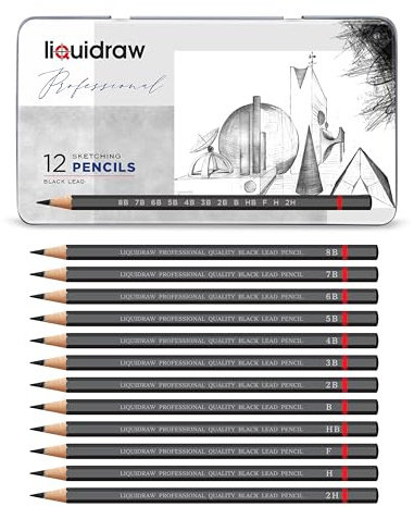 Liquidraw Graphite Drawing Pencils - Set of 12 | Graded Artist Sketching Pencils in Storage Tin | 4 Hard & 8 Soft Grades | Fits Standard Sharpeners | For Shading, Technical Drawing, Illustration & Art
