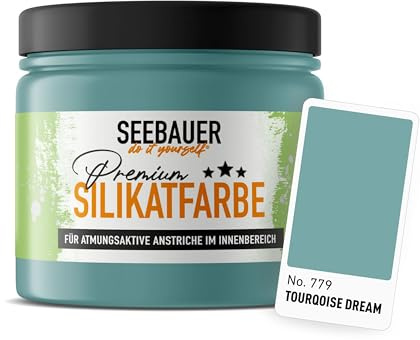 SEEBAUER diy Silikatfarbe Türkis 300ml für Innen (No. 779 Tourqoise Dream) Atmungsaktive Mineralfarbe für Allergiker - Abwaschbare Wandfarbe - Türkistöne hohe Deckkraft