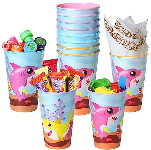 Lidmada 16oz Shark Party Favors Goodie Cups, Reusable Ocean Plastic Cups for Under the Sea Themed Birthday Party Supplies Decorations for Baby Kids Adults, 12pcs in 4 Colors