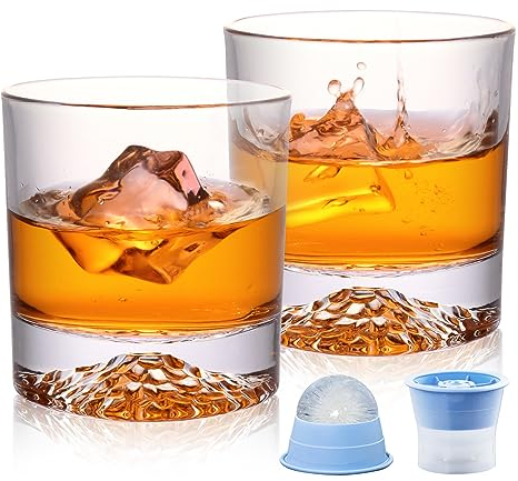 Veecom Whiskey Gläser 300ml - Kristall Whisky Set Mit 2 Eiskugelformen, Bleifrei Wassergläser, Old Fashioned Tumbler für Rum, Gin, Cognac, Wodka - Geschenkset für Männer, Papa