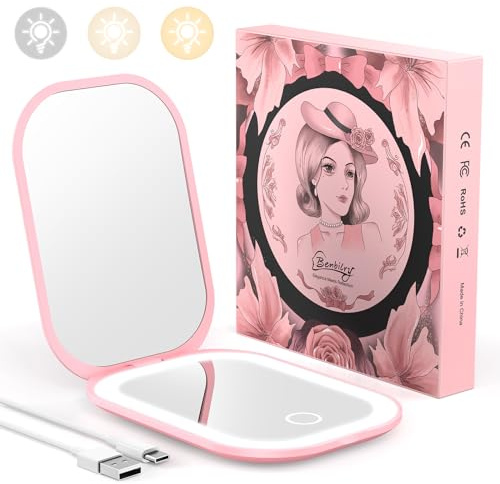 Ultra Slim Pocket Mirror with Light, 1X/3X Compact Travel Mirror,Light Pink