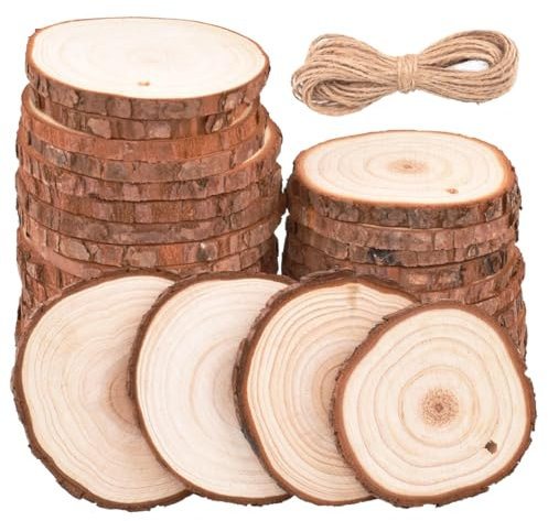 Dischi di legno naturale, 30 pezzi, 6-7 cm, trucioli di legno incompiuti con filo di iuta naturale, per fai da te, decorazione natalizia, decorazione di nozze