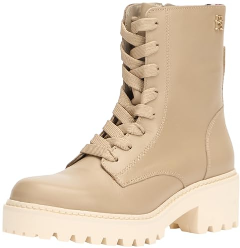 Tommy Hilfiger Botines Mujer Chic Mid Heel Leather Lace-Up con tacón, Beige (Beige), 38