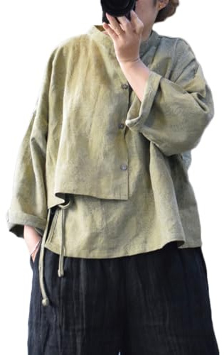 Dam mjuk jacquard linne skjorta topp långärmad knapp ner slips asymmetrisk fåll wrap blus skjortor, gRÖN, one size