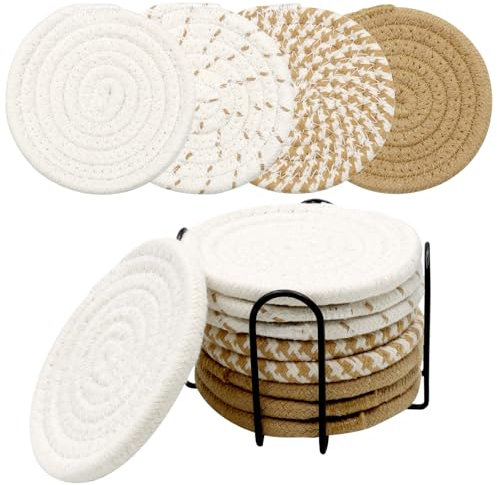 ZYKORT 9 Stück Untersetzer Gläser, Runde Untersetzer aus Baumwolle rutschfeste, Waschbare, Tischuntersetzer mit Halter, Abriebfest Wärmedämmungsmatte für Geeignet für Verschiedene Tassen