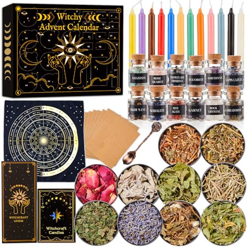 Witchy Advent Calendar 2025 Adult Teens, 25 Day Countdown to Calendar Witchcraft Supplies Crystal Candle Amethyst Altar Witch Gift Wiccan Starter Kit