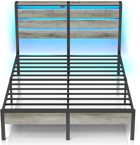Rolanstar Bettgestell mit LED, Metallbett mit USB-Ladestation & Holzkopfteil mit Stauraum, Doppelbett mit Stauraum unter dem Bett, perfekt für Schlafzimmer, 140 x 200 cm