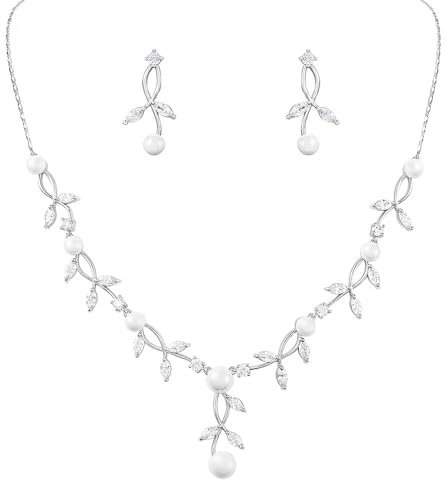 KBRPEY Hochzeit Schmuckset Damen Halskette Armband Ohrringe in Form Eines Blattes mit Perlen und Zirkonia Hochzeitstag Geschenke für Braut Frauen