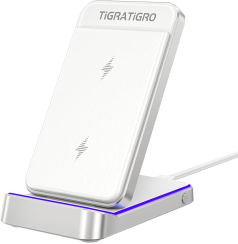 Tigratigro Chargeur sans Fil 15W - Induction Stand - Support de Charge Rapide Qi Pliable, Compatible iPhone 12-16/Samsung Galaxy - Design Élégant Argent