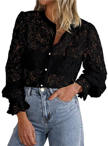 Festliga blusar damer elegant med spets: spets topp damer röd – spetsblus vintage v-ringad blusar tunika lös långärmad skjorta enfärgad spets toppar blus skjorta damblusar