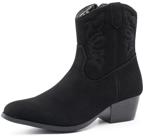 Harvest Land Women Mid Heel Faux Suede Boots – Cowboy Style Calf Length with Pointed Toe Embroidered Detail & Side Zip Black UK7.5