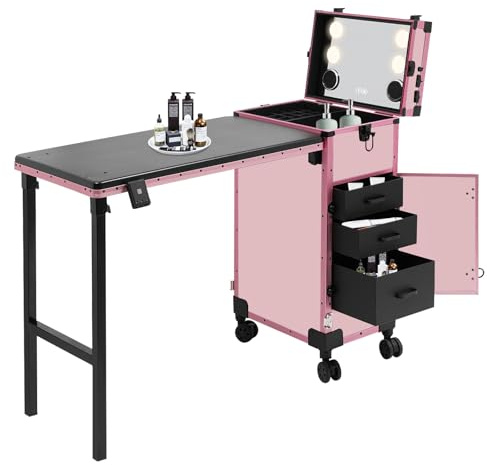 Sminkväska med belysning spegel och Bluetooth & hjul – 3 lådor kosmetikväska, stor modern, 50 kg bärkraft, makeup-väska för frisör, skönhetsfodral, tatueringsbord, nagelväska, rosa, modern