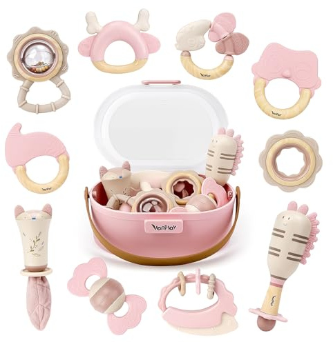 Sonajero Bebe 0-3 Meses Juguetes Bebes 6-12 Meses Montessori Sensoriales Juguetes de Dentición con Caja de Almacenamiento (10 piezas)