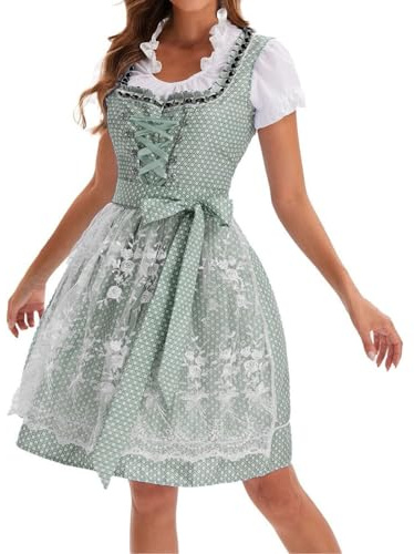 Abito Oktoberfest Donna 2025 Costume Tirolese Dirndl con Grembiule Vestito Tradizionale Donna Oktoberfest per Feste Halloween Carnevale e Party (A01-Green, M)