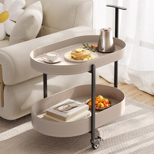 Guyii Minimalist Sofa Side Table with Storage Modern End Table with Wheels Beige Living Room Table for Living Room Bedroom