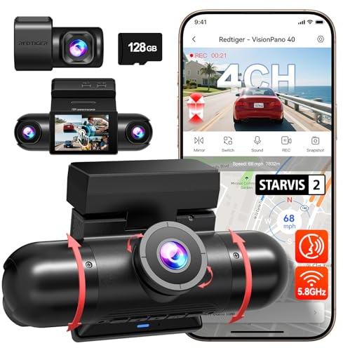 REDTIGER 4-Kanal-360° Dashcam Auto,Dual STARVIS 2,2,5K*2+1080P*2 Vorne und Hinten Innen Links und Rechts,5,8 GHz WiFi,8 IR-Lichter für Nachtsicht,4 Einstellbare Objektive,128GB Karte(VP40)
