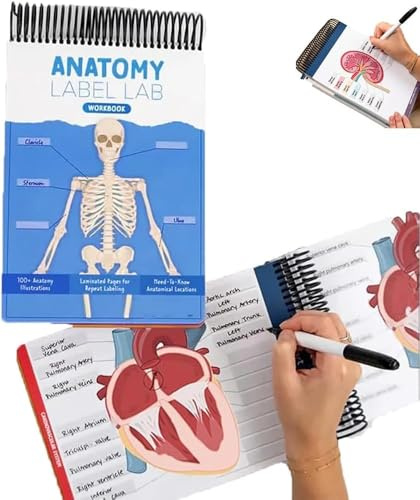 Cuaderno de trabajo de laboratorio de etiquetas de anatomía, libro de trabajo creativo de anatomía humana, cuaderno de informes esenciales para enfermeras, más de 100 páginas de borrado en seco a todo