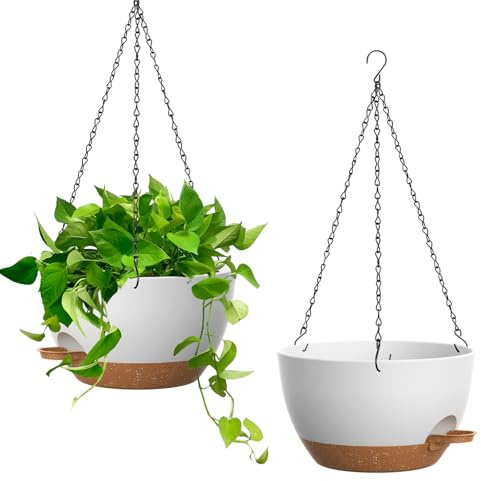 Homeuouz 25cm Selbstbewässernde Hängende Blumenampel 2er-Set – Blumentopf Hängend Innen & Außen, Hängeblumentöpfe mit Drainage für Balkon, Wohnzimmer, Küche,Weiß mit Braun