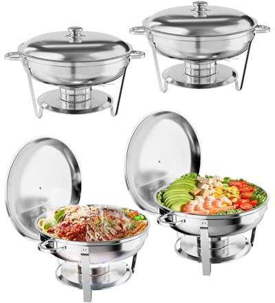 RBFGYIOP Set Chafing Dish Rotondo 5L/5QT Acciaio Inox – Scaldavivande Buffet Professionale con Coperchi, Vaschette, Supporti Combustibile, Utensili – Riutilizzabile, Impilabile – 4 Pezzi – Four-piece