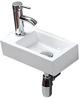 Lavabo de Cerámica Montado en la Pared Pequeño Blanco Rectangular de Mano Izquierda Para Guardarropa, Baño y Aseo
