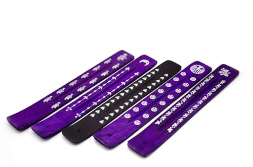 Luxflair Porte-encens Set de 5, en Bois de Sheesham, Fait Main, avec décoration individuelle en Couleurs Noir et Lilas. Support pour bâtonnets d'encens