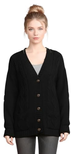 LUXE DIVA New Womens Everyday Long Sleeve Button Top Ladies Chunky Aran Cable Knit Grandad Cardigan UK Size 8-26 Black