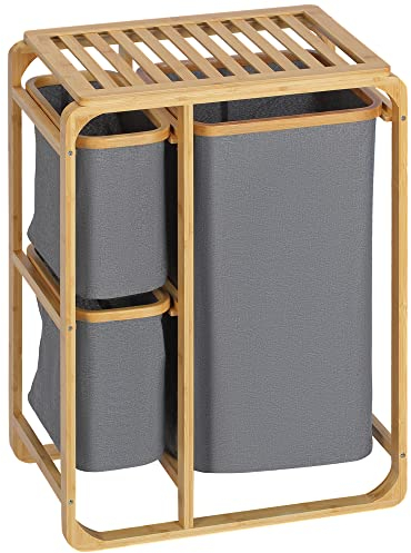 HOMCOM Wäschekorb Wäschebox mit Plattform Wäschesammler mit 3 abnehmbaren Wäschesacke Wäschesortierer für Schlafzimmer Badezimmer Bambus Grau+Natur 50 x 32 x 69,7 cm