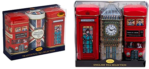 Heritage Tea Selection Triple Tea Tins 28 Teabag Gift Pack Union Jack & English Icons 3x Tea Tin Gift Pack with 42 Traditional Teabags - Big Ben, London Bus and Phone Box, UK Souvenir