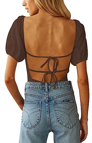 oten Womens Sexy Square Neck Bodysuit Short Sleeve Tie Back Bodysuits Leotard Body Tops Dark Coffee X-Large