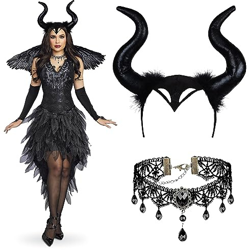 DONGSZQ Corne de Diable Noir, Reine Bandeau, avec Chocker Dentelle pour Deguisement Malefique Femme Fille Halloween Carnaval Cosplay
