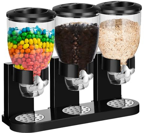 Umigy 1 Pack Triple Indispensable Dry Food Dispenser 67oz Each Capacity Cereal Container for Storage Preserving Dispensing Kitchen Rice Candy Nuts Dog Food Granola Snack Gumball Countertop (Black)