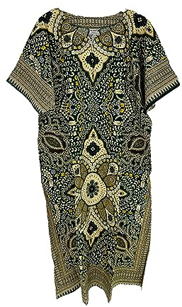 Ladies 100% Cotton Long Kaftan Dress Summer Dashiki African Print One Size Loose Baggy Style Beach Cover (Green)