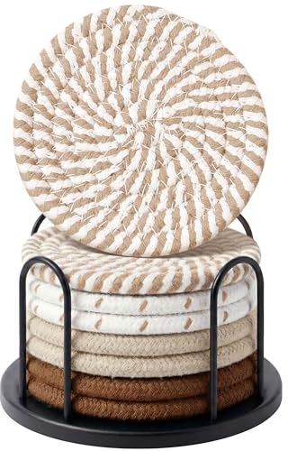 Lazebox Coasters Set of 8 for Drinks, Beer, Coffee, Cotton Woven 4 Colors Absorbent Coaster with Holder, Boho Coasters for Home Decor Tabletop Protection Suitable for Kinds of Cups, Coffee