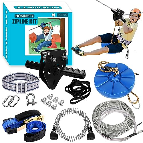 HOKINETY Zip Line Kit for Kids Adults : 100FT / 120FT / 150FT / 200FT Up to 380Lbs - Quick Tighten Zipline for Backyard Outdoor with 100% Rust Proof Removable Trolley Seat Spring Brake