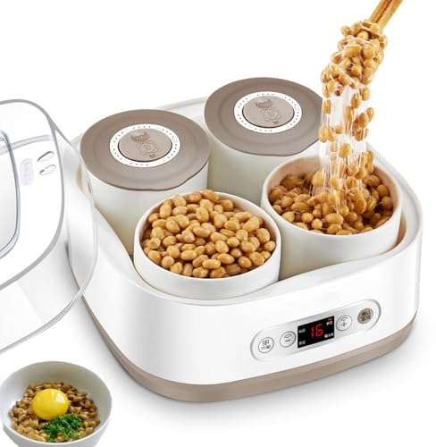 Electric Yogurt Natto Fermenter Machine, 1.5L Intelligent Natto Fermenting Machine with 4 Ceramic Containers, High Temperature & Smart Panel Control, for Yogurt Making, Natto Preparation