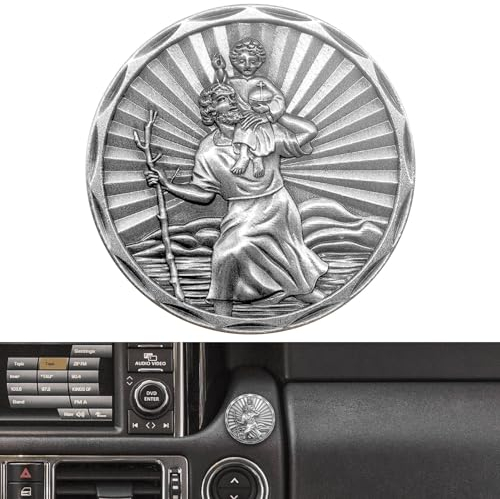 Anwlki Médaille Saint-Christophe de 3,4 cm de diamètre - Médaille de Saint Christophe - Avec aimant et 3 autocollants adhésifs double face - 1 pièce de fer (vieux argent)