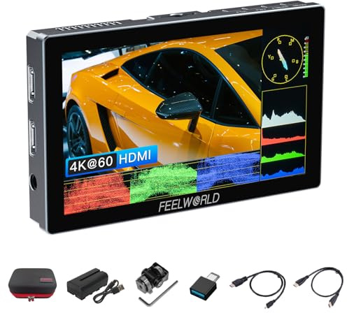 FEELWORLD P6X 5,5 tum 1000nits ljusstyrka aluminiumhölje på kameramonitor, 4K HDMI DSLR-kameraskärm med 3D Lut Alla vågformer inkluderar batteri, väskor Micro HDMI-kabel INGÅENDE