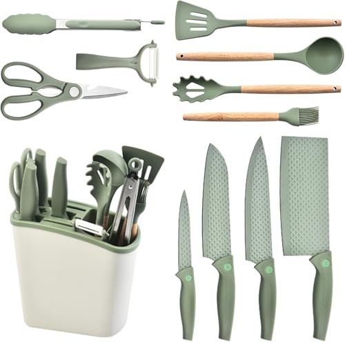 Cooking Utensils Set, 12PCS Kitchen Utensil Set with 5 Pieces Silicone Spatula Set, 4 Piece Sharp Knife Set & Scissors for Kitchen with Block,Heat Resistant Non-Stick Silicone Utensils (Green)