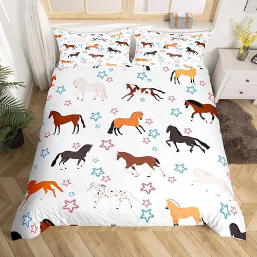 TACOKI Copripiumino Matrimoniale Cavallo, Set di Biancheria da Letto Cavallo Carino in Microfibra Morbido 3 Pezzi Copri Piumino 260x240 con 2 Federe con Cerniera, Copripiumino 3D 3449z