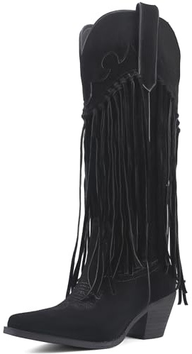JilTrdWei Rhinestone Fringe Cowgirl Boots for Women, Knee High Western Boots with Embroidery, Pointed Toe Chunky Heel Pull On, Concert Festival Statement Boots-black suede-9.5