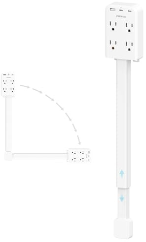 Electrical Outlet Extender Stick with USB Ports(2 USB C), 180° Rotating Extendable Wall Plug with 4 AC Outlet, Adjustable 17.7-27 Extendable Power Strip Stick for Behind Couch, Desk and Bed