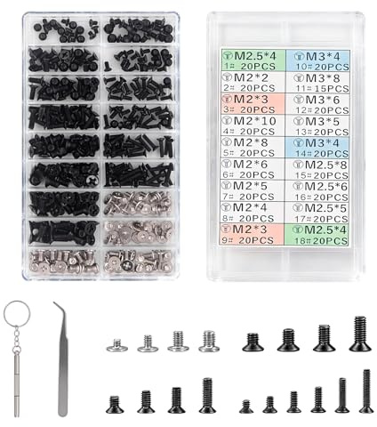 Yuhtech 355 Pcs Laptop Screws, Screws and Bolts Set, Computer Screw Kit with Tweezers and Screwdrivers, M2 M2.5 M3 Flat Head Phillips & Countersunk Cross Head for Spectacles, Laptop