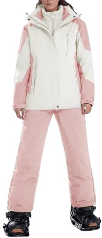 Generisch Women's Ski Suit Windproof Snowsuit Long Sleeve Ski Jacket with Hood and Winter Trousers Clothing Set Ski Suit Thick Snow Coat Snow Trousers 2-Piece Set for Skiing and Winter, pink, L