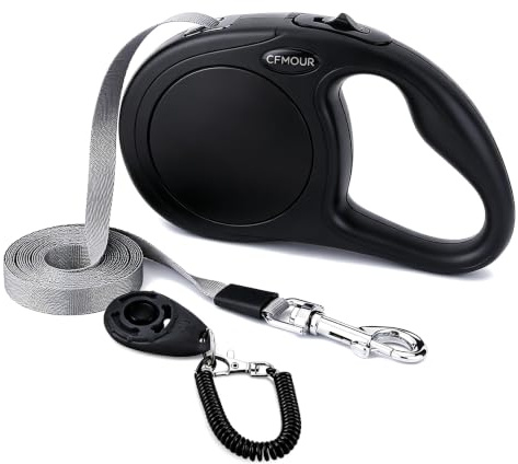 CFMOUR Retractable Dog Lead, 5m / Up to 20kg Dogs, Black | Heavy-Duty Extendable Dog Lead, For Small to Medium Dogs, Strong Nylon Tape Ribbon Leash, One-Button Brake&Lock, with Clicker