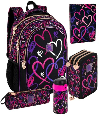 Clondo Skolpaket 5 delar – Ergonomisk skolryggsäck, 3 fack 45 delar, termisk flaska, skoldagbok, tomgång – present till grundskolan, Lovely Vibes, Skolset