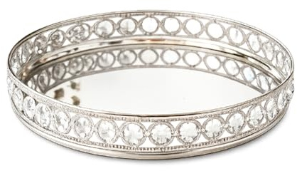 Oval Silver Mirrored Decorative Tray with Gemstones
