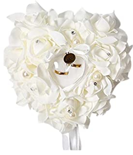 GOTOTOP Romantische Rose Hochzeit Ringkissen Herzförmig Satinrose Perle Schleife mit Kleiner Ringbox Gastgeschenk für Eheringe Verlobung 15x13cm