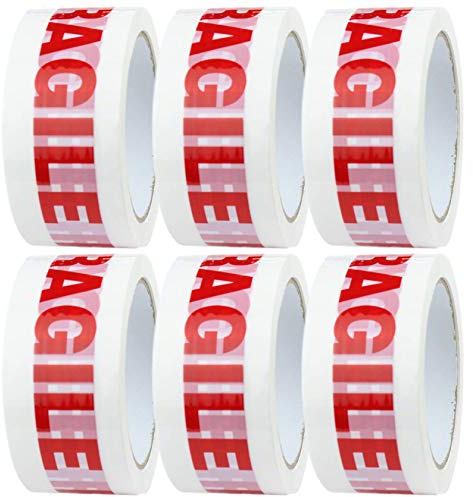 Crimson Starfish Fragile Tape | 6 x Low Noise Fragile Packing Tape | 48mm x 66m Fragile Tape Rolls | Packing Tape Strong for Moving House, Packing Parcels, Cardboard Boxes & Cartons