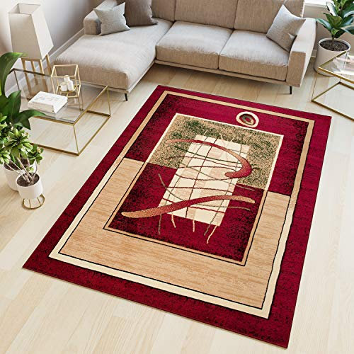 TAPISO Atlas Teppich Kurzflor Vierecke Streifen Rot Beige Creme Grün Bordüre Wohnzimmer Schlafzimmer Vintage Modern ÖKOTEX 250 x 350 cm